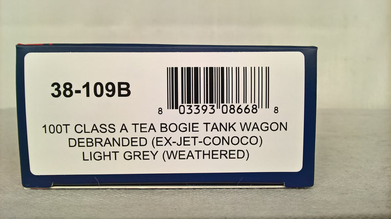 Bachmann 38-109B 100T Class A TEA Bogie Tank Wagon Debranded (EX-Jet-Conco) Light Grey Weather OO Gauge