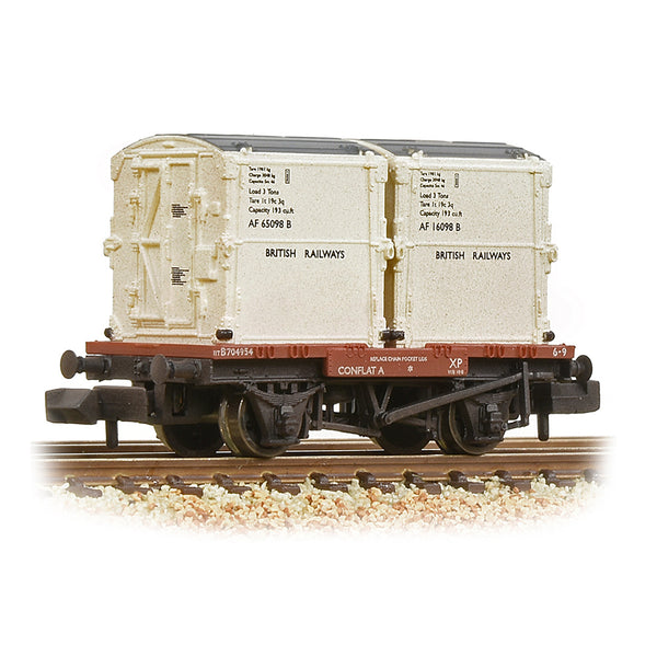 Graham Farish 377-340B Conflat Wagon BR Bauxite (Early) With Two AF Containers BR White (Weathered) N Gauge